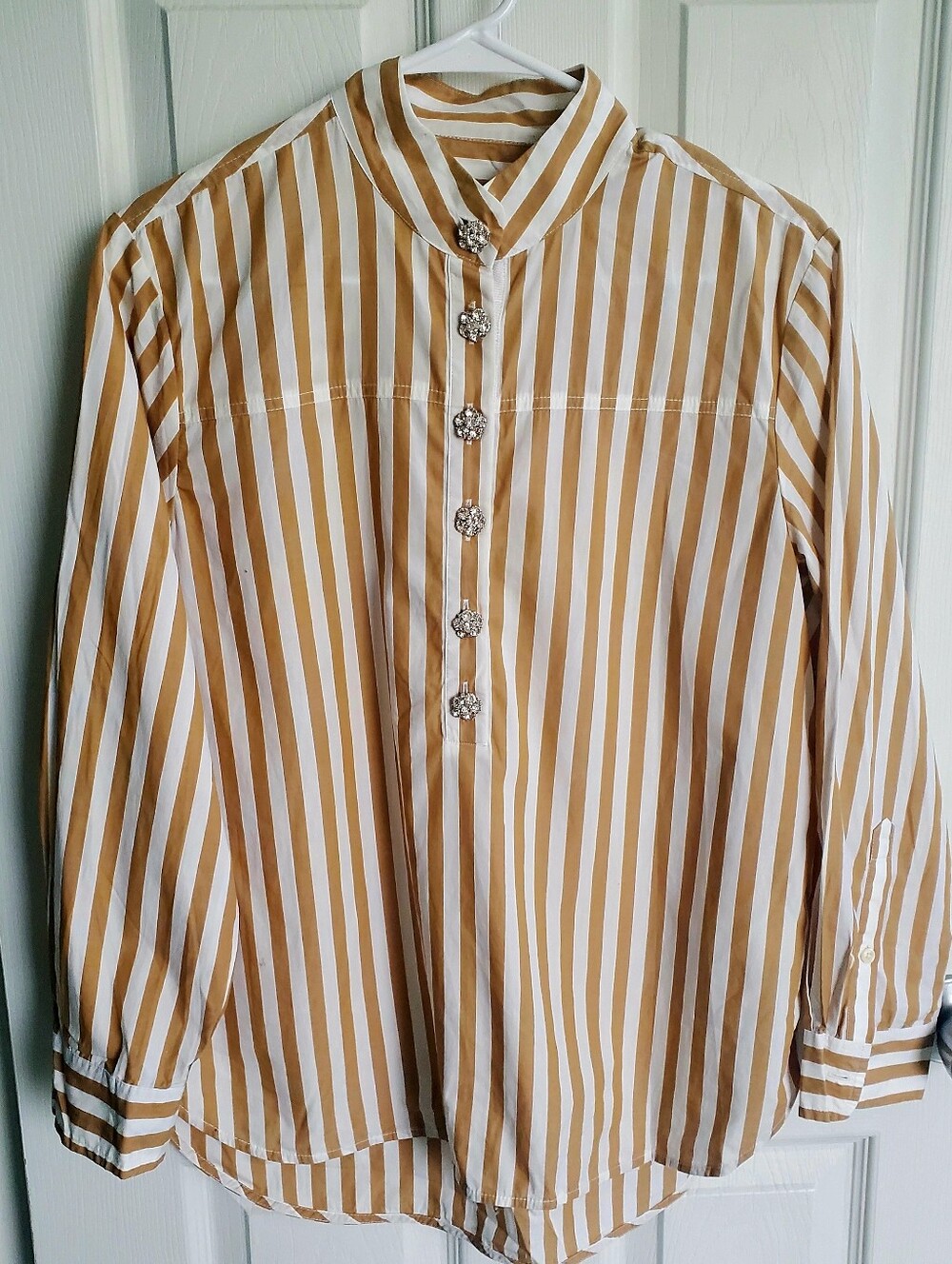 NWOT J. Crew Band-Collar Popover Sttiped Tunic Rhinestone Cluster Buttons Size 4